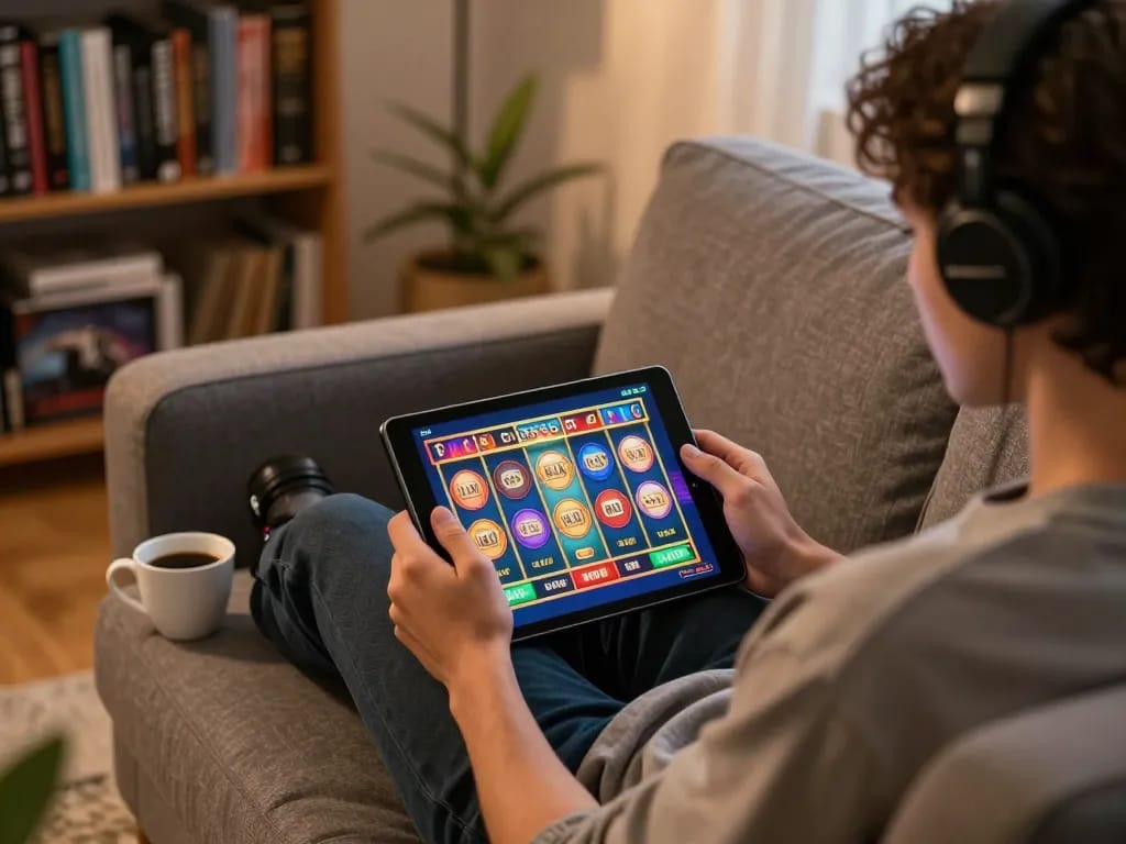 Engaging gaming session at home with gg88 app on tablet, showcasing excitement and strategy in online gambling.