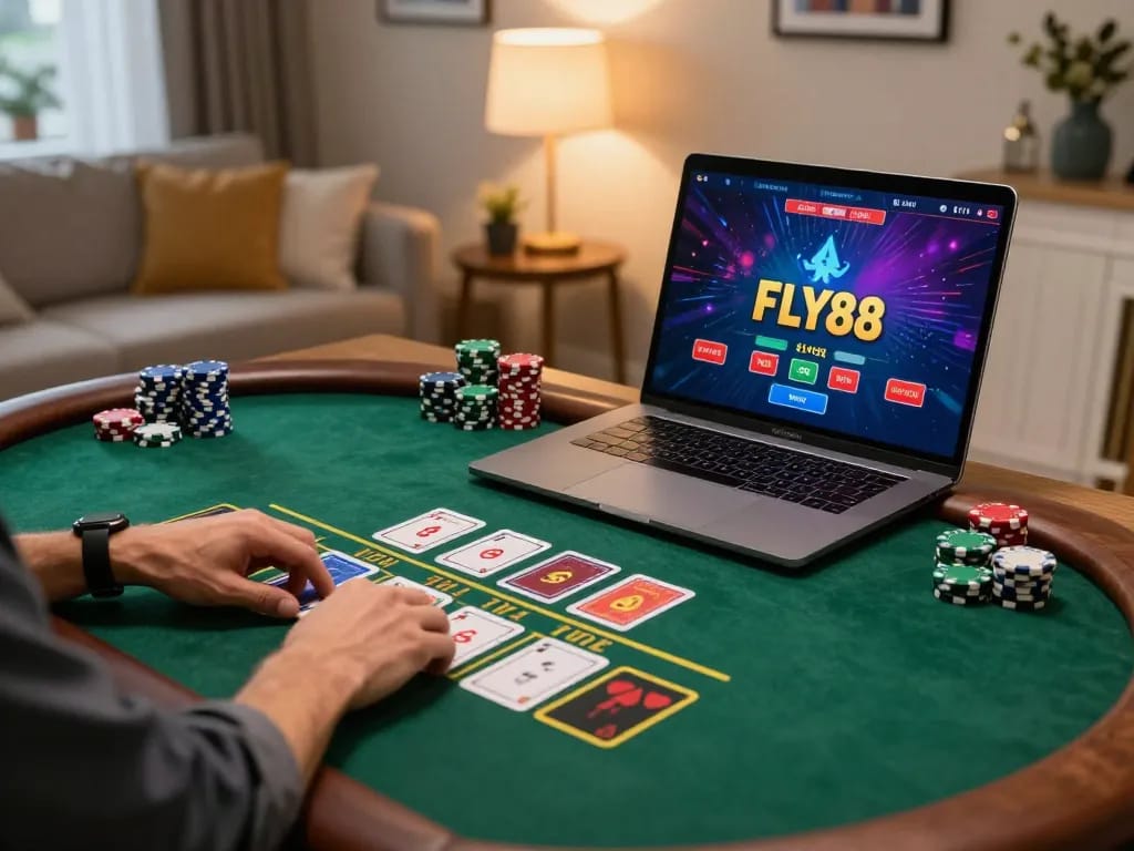 Engaging moment at FLY88 online casino with player focusing on virtual blackjack gameplay.