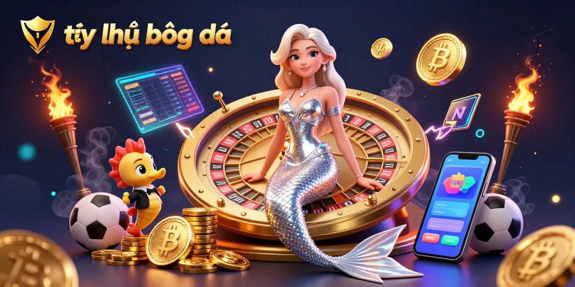 Engage with tỷ lệ bóng đá through vibrant scenes showcasing sports betting dynamics, illuminated by colorful coins and trophies.