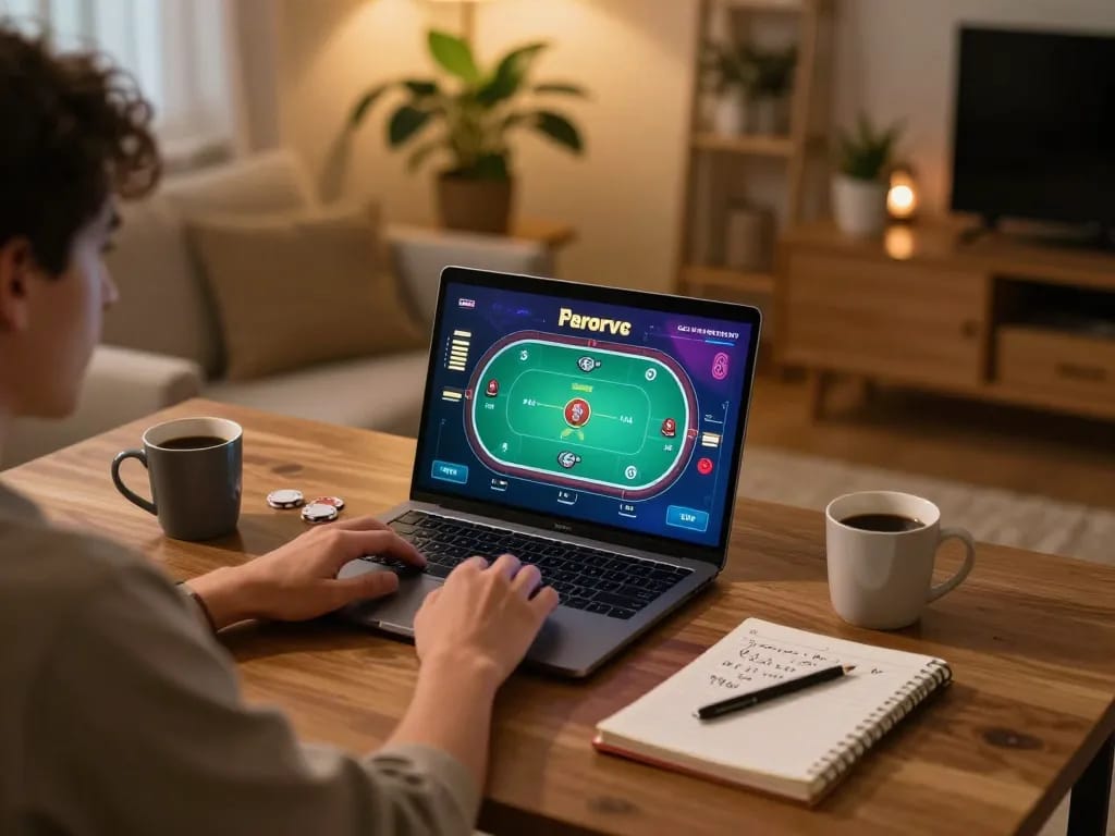 Player manages bets in hm88 online poker game at cozy home setup, highlighting strategic play.