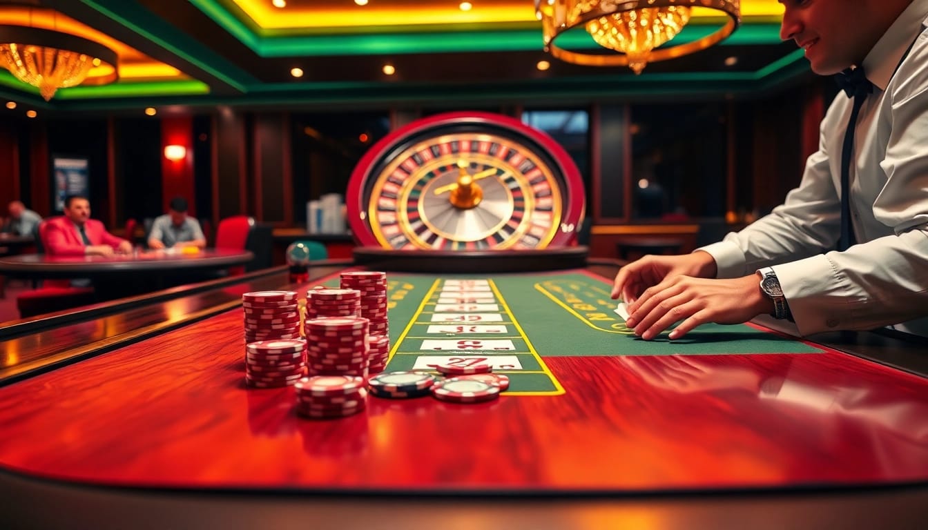 Experience thrilling blackjack excitement at BJ88's luxurious casino with vibrant poker chips and lively players.