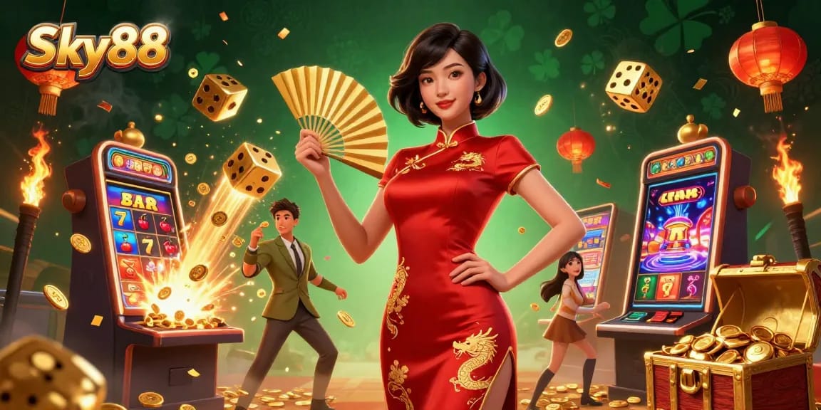 Engage with Sky88’s vibrant casino scene featuring a beautiful Asian woman amidst gold coins and slot machine excitement.