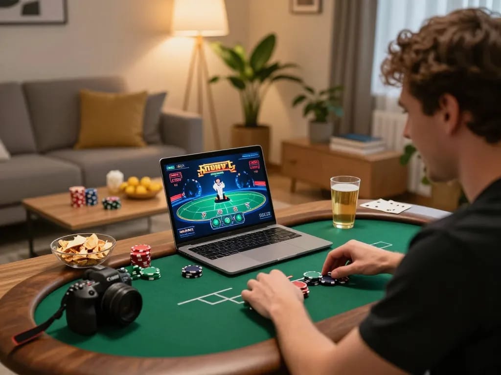 Kèo nhà cái 5 player engaging in strategic online poker game at home with a warm atmosphere.