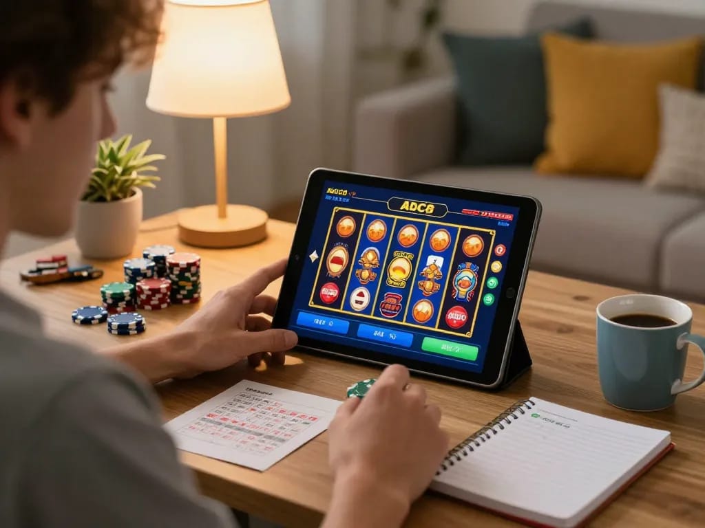 Player engaging with the abc8 app on a tablet in a cozy setting, showcasing responsible online gaming.