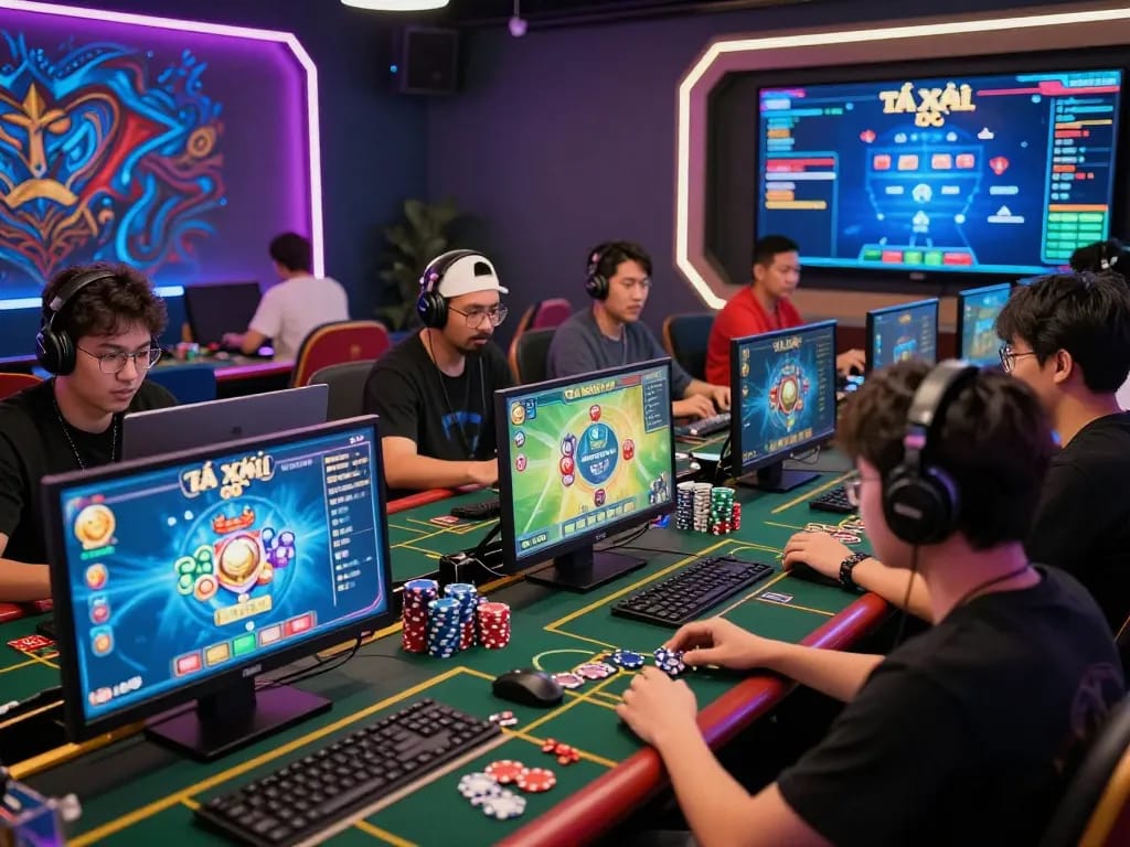 Players immersed in a lively tài xỉu online gaming session with vibrant graphics and competitive energy.
