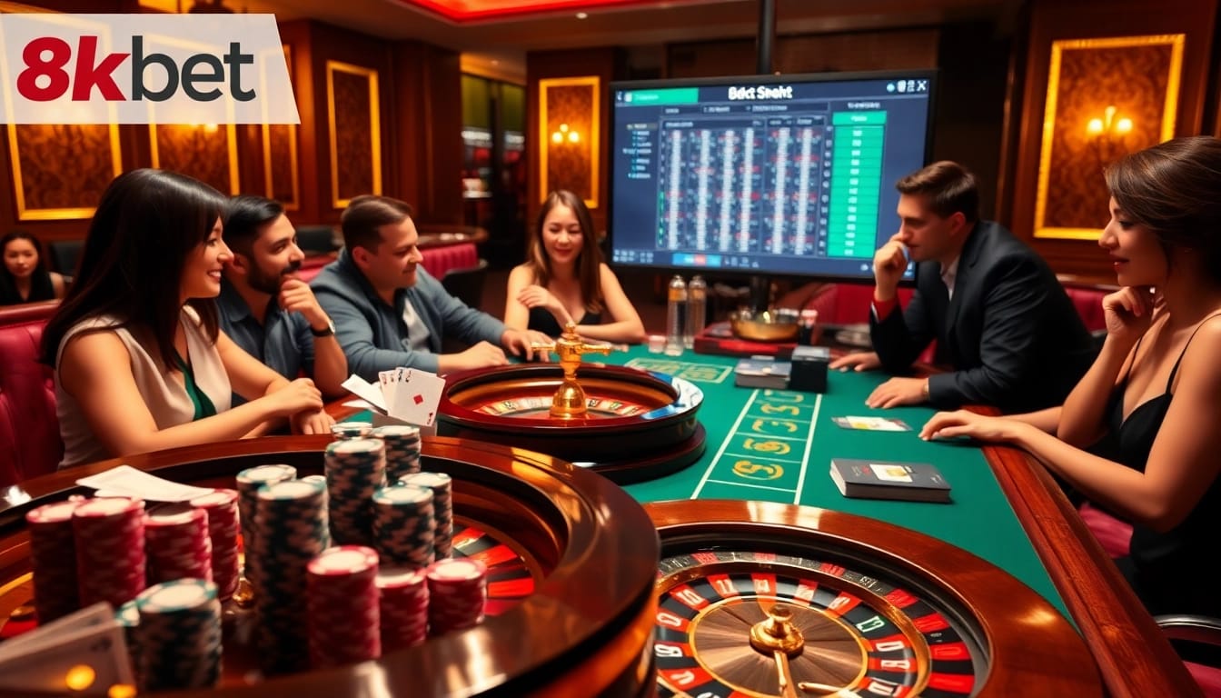 Players enjoy exciting casino games at 8kbet, featuring poker chips and roulette for thrilling online gambling.