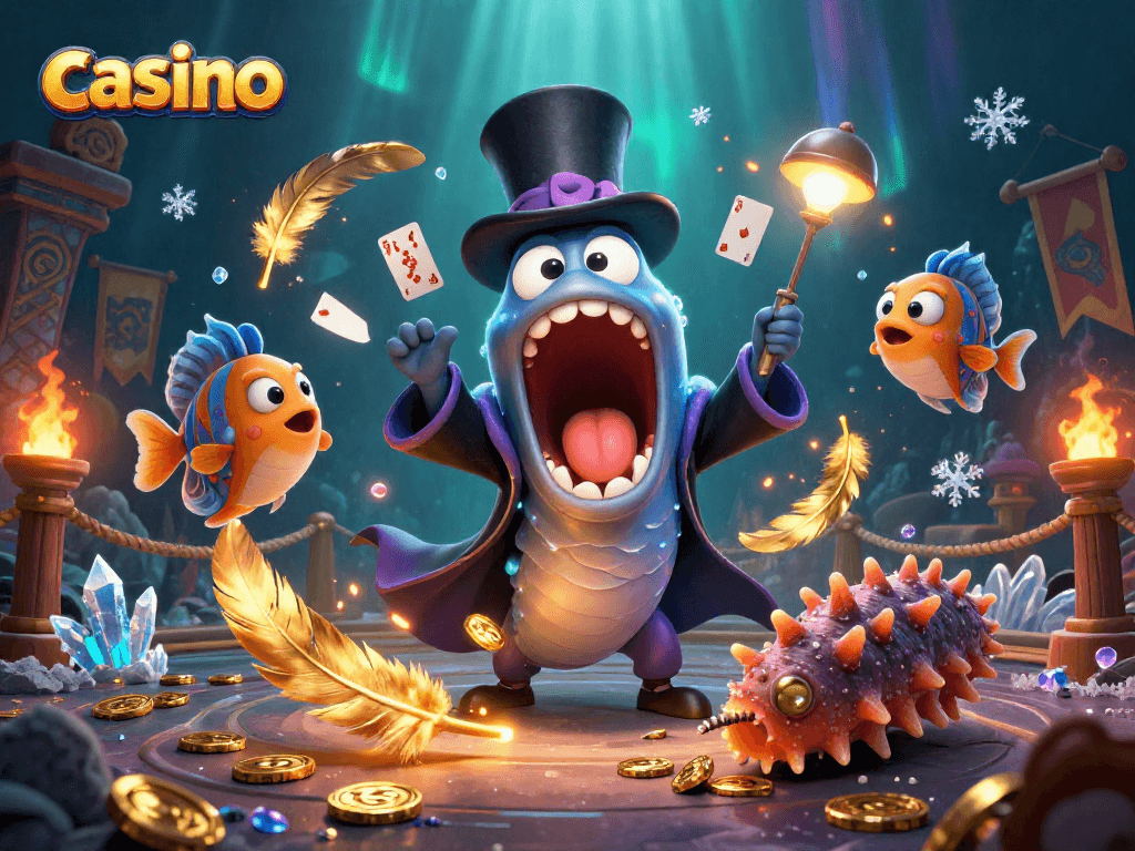 Casino-themed underwater illustration featuring a bioluminescent eel performing magic tricks.