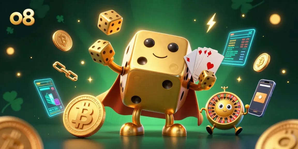Experience thrilling moments at o8's vibrant casino with lively characters and glowing game elements.