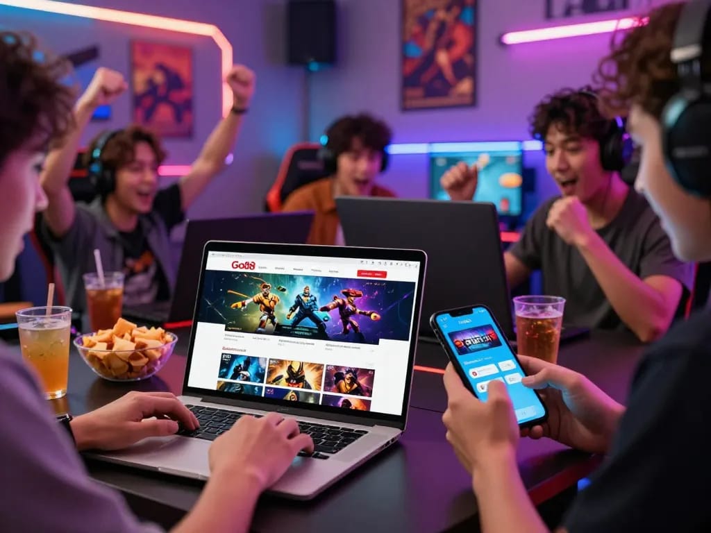 Exciting gaming scene with players using Go88 platform on laptops and mobile devices, showcasing online multiplayer action.