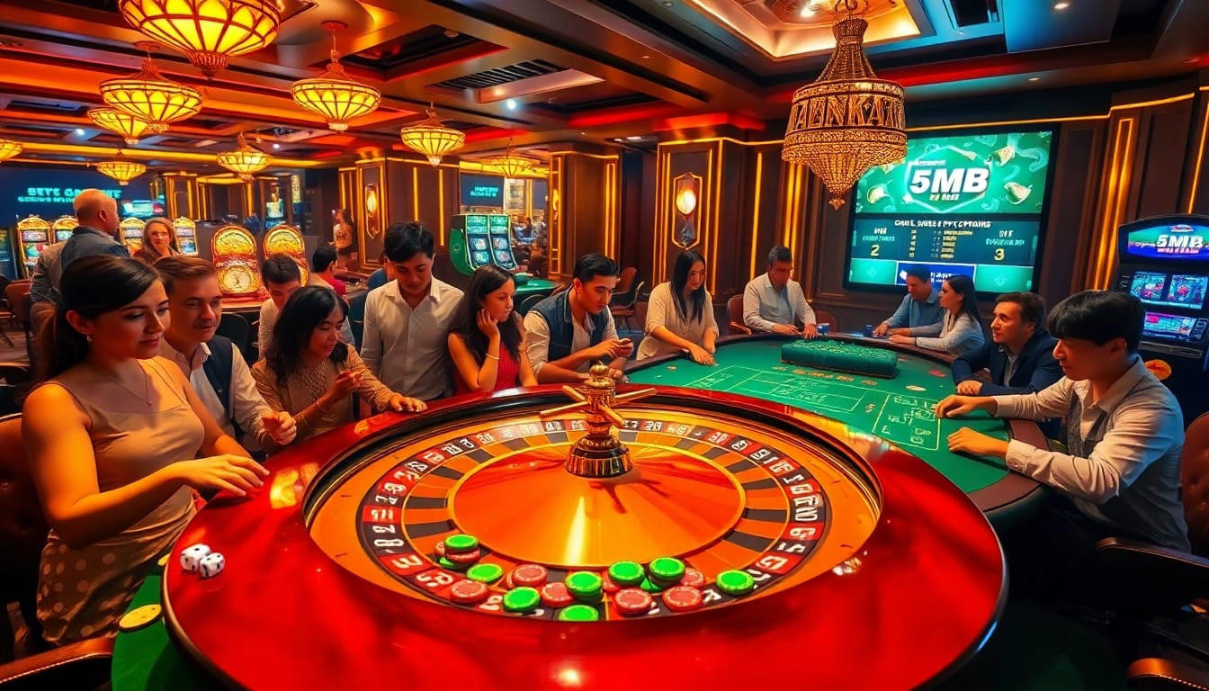 Gambling excitement in a luxury casino with players engaged in games, emphasizing 5MB stakes.