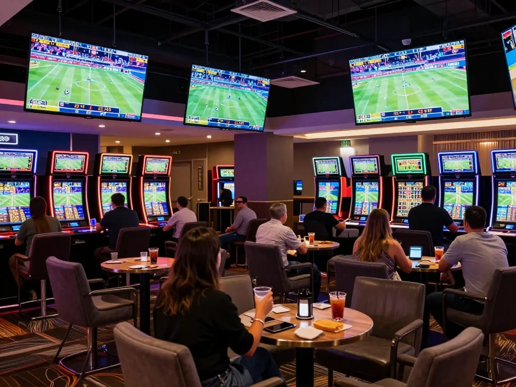 Excited bettors engaged in sports betting at the hit club lounge, analyzing odds and placing wagers