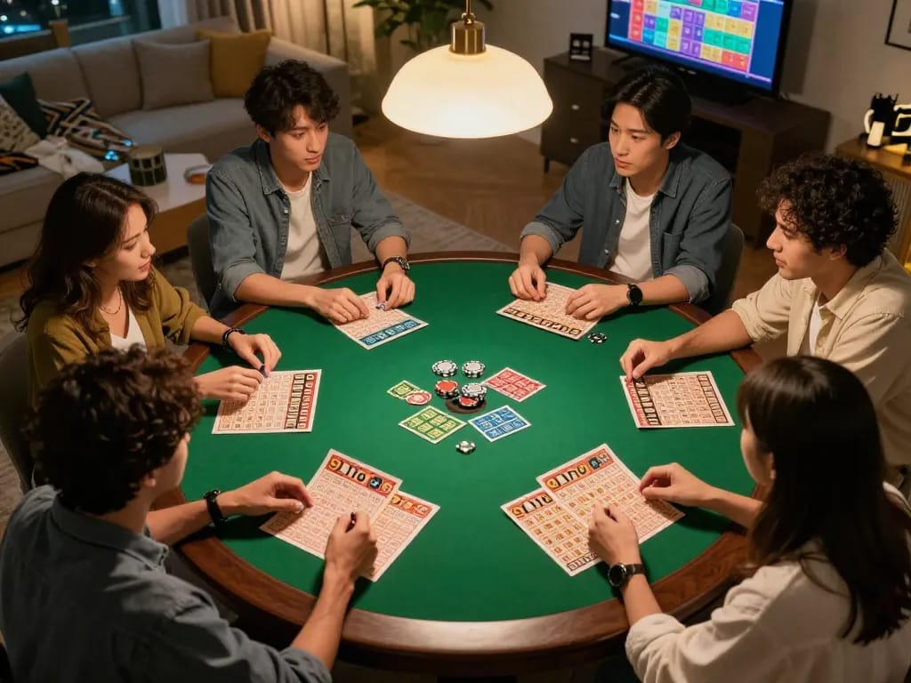 Checking 9 Lotto 4D result during a home game night with friends, bright atmosphere and engaged players.