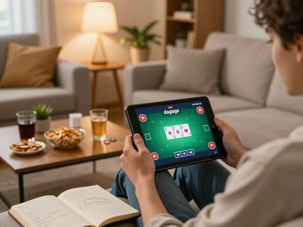 Engaging in online betting at dagago using a tablet while relaxing at home with snacks and strategic notes.
