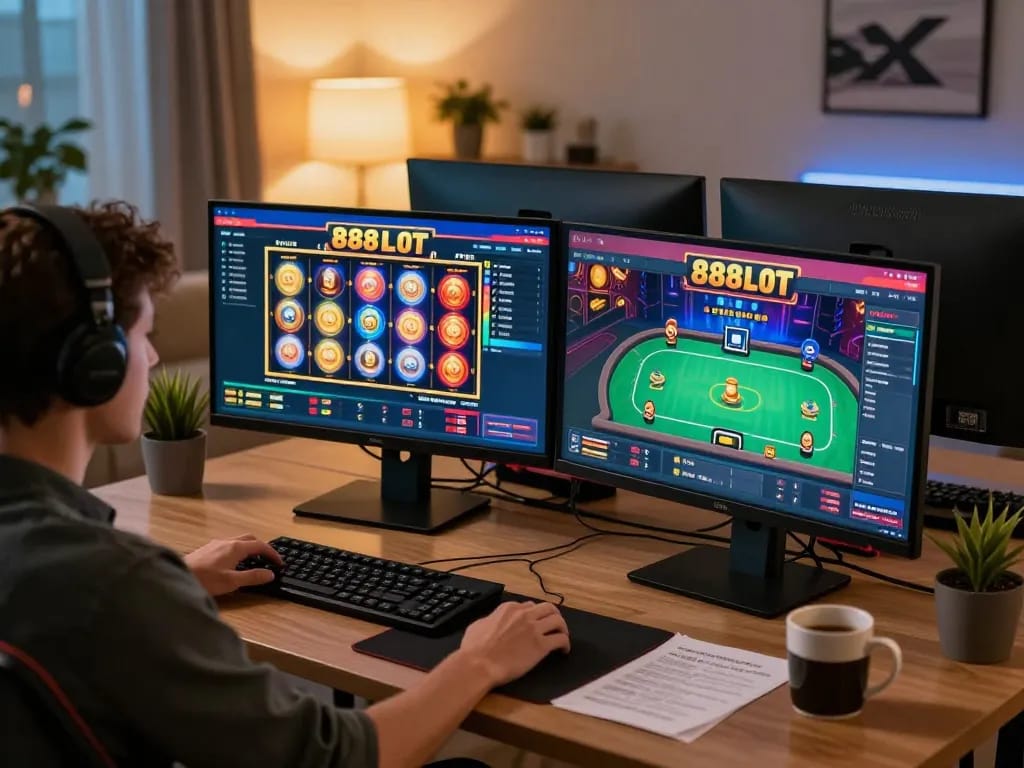 Engaged player experiencing 888slot online gaming, focusing on lively slot reels and poker game.