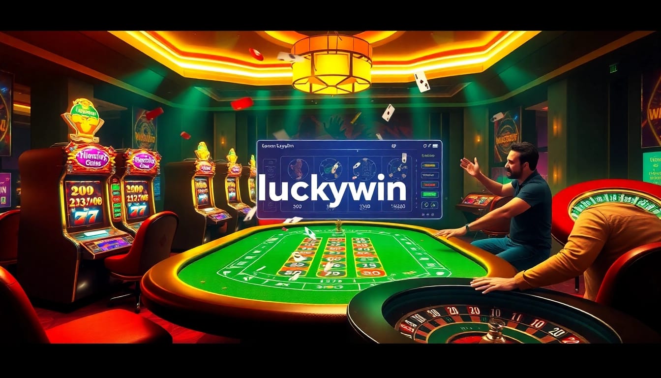 Engaging players at a vibrant luckywin casino table amidst dynamic online gambling excitement.