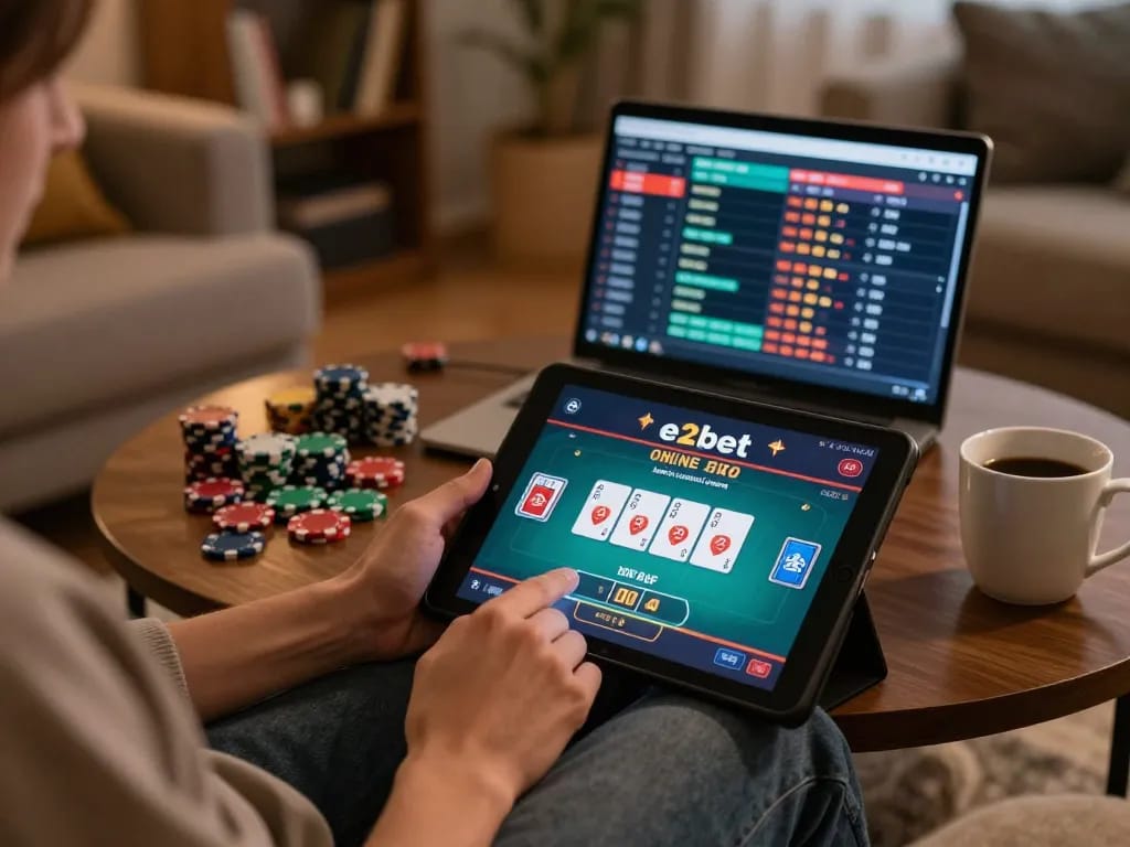 Players engaging in a lively e2bet online poker game from home, showcasing strategic play and comfort.