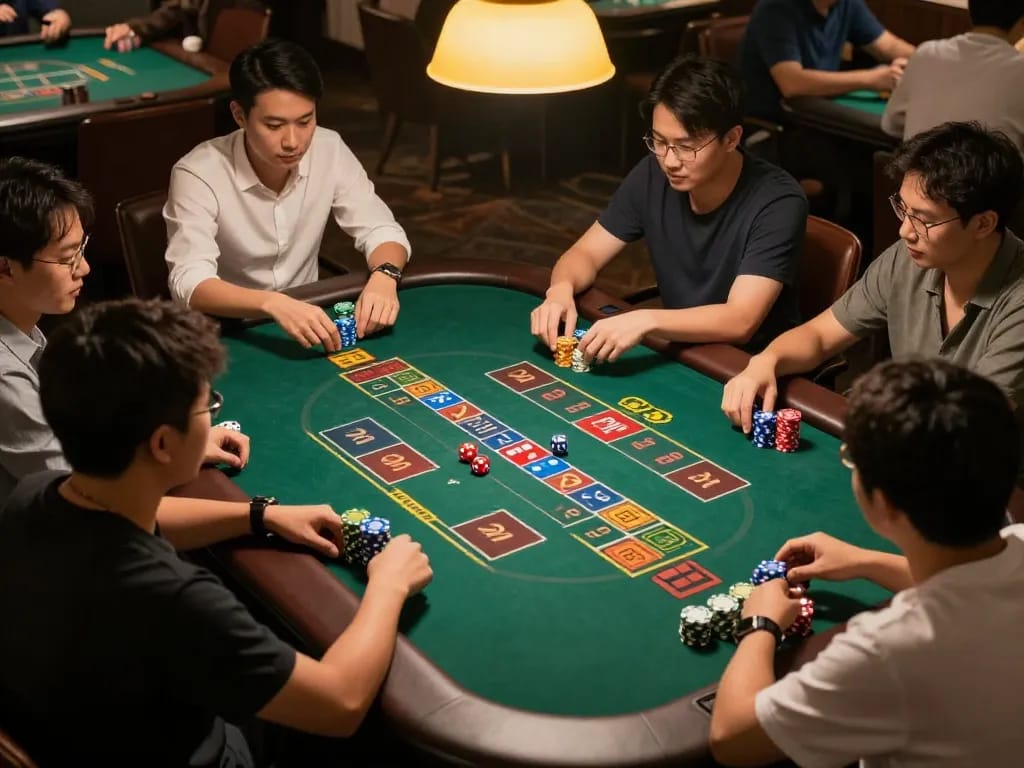 Exciting Tài Xỉu game scene with players betting, colorful dice rolling, and cozy atmosphere