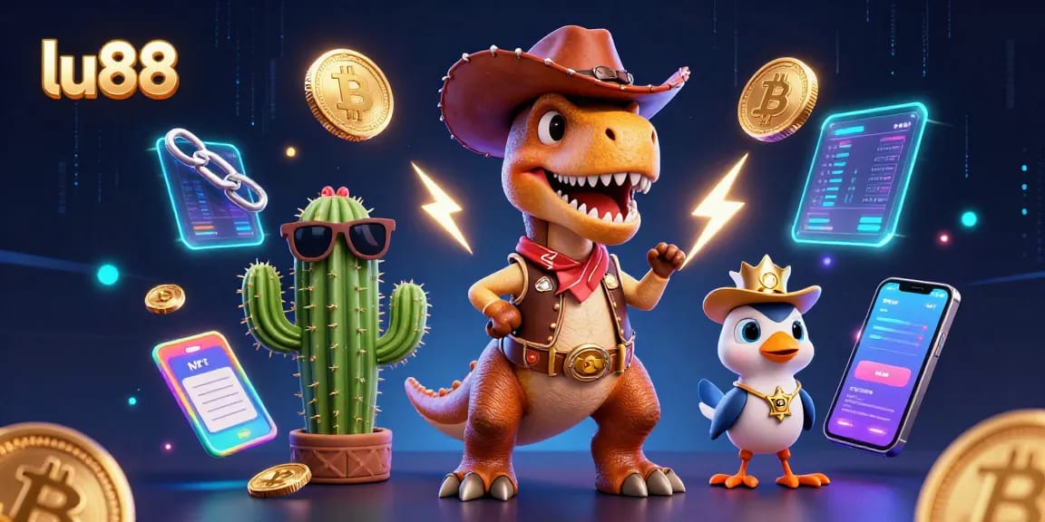 Engage in thrilling gaming adventures with lu88's vibrant casino-themed illustration featuring a cowboy dinosaur.
