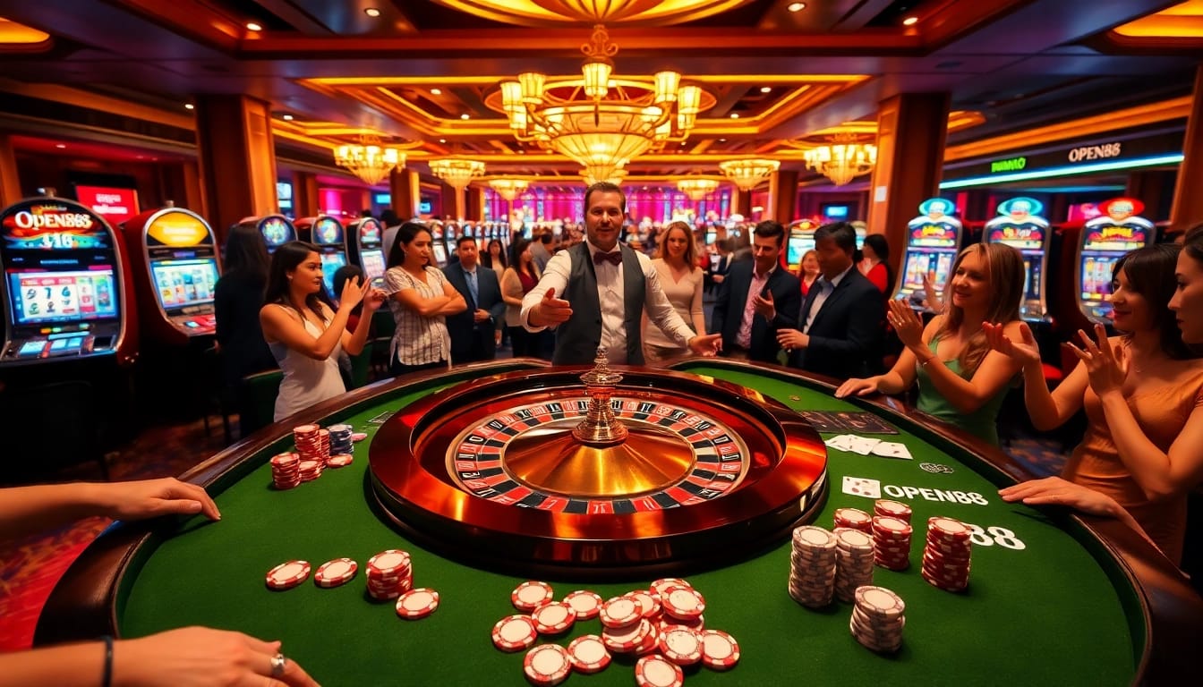 OPEN88 players celebrating wins at a vibrant casino table with roulette, cards, and chips.