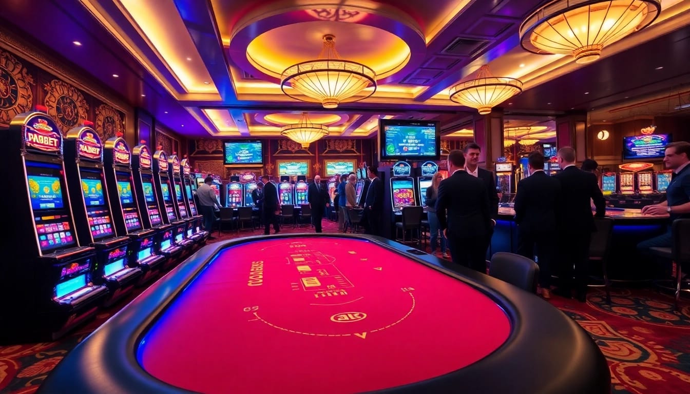 Players enjoying thrilling games at thabet casino with poker and slot machines.