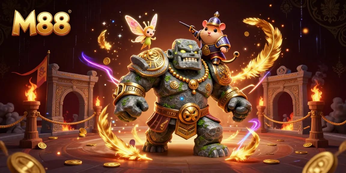 M88 offers immersive gaming with magical characters and vibrant casino elements in a dynamic scene.