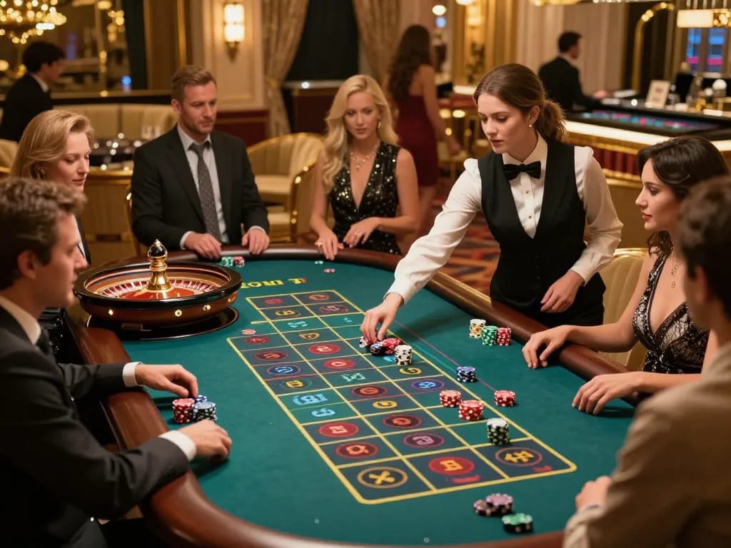 Experience the excitement of tr88 roulette gameplay with players engaged in high-stakes bets at a luxury casino.
