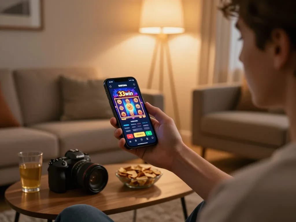 Engaging gameplay on the 33win app, showing a vibrant slot game on a smartphone in a cozy setting.