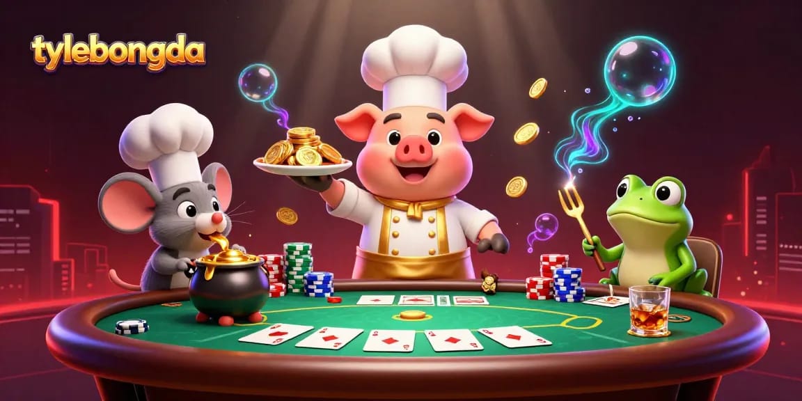 tylebongda features a whimsical scene of a chef pig serving gold coins at a dynamic poker table.