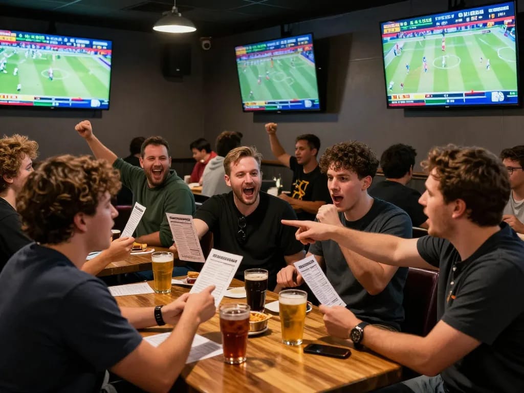 Cheerful patrons enjoying sports betting atmosphere at https://777x.bid/ viewing live games while analyzing odds.