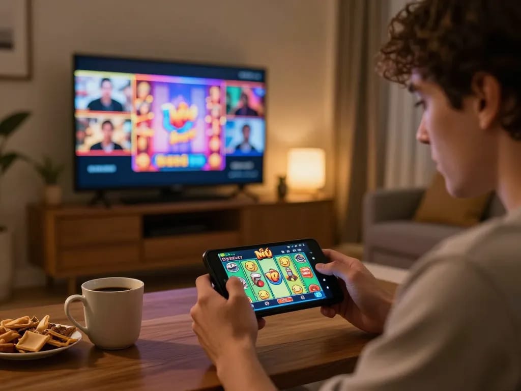 Nổ hũ player enjoying mobile gaming experience in a cozy living room with colorful game displays