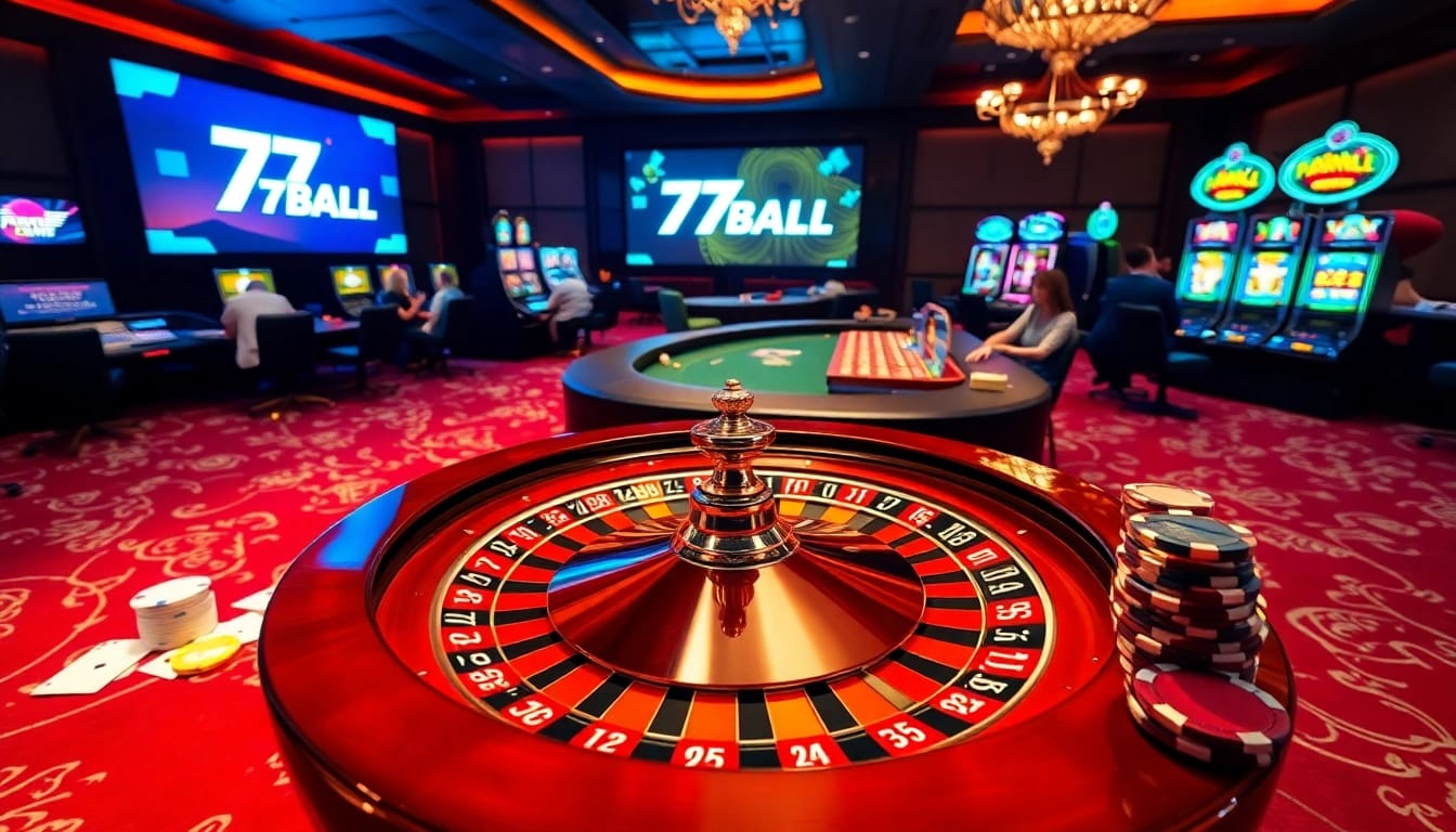 Exciting gaming action at the 77BALL casino featuring roulette and poker chips.