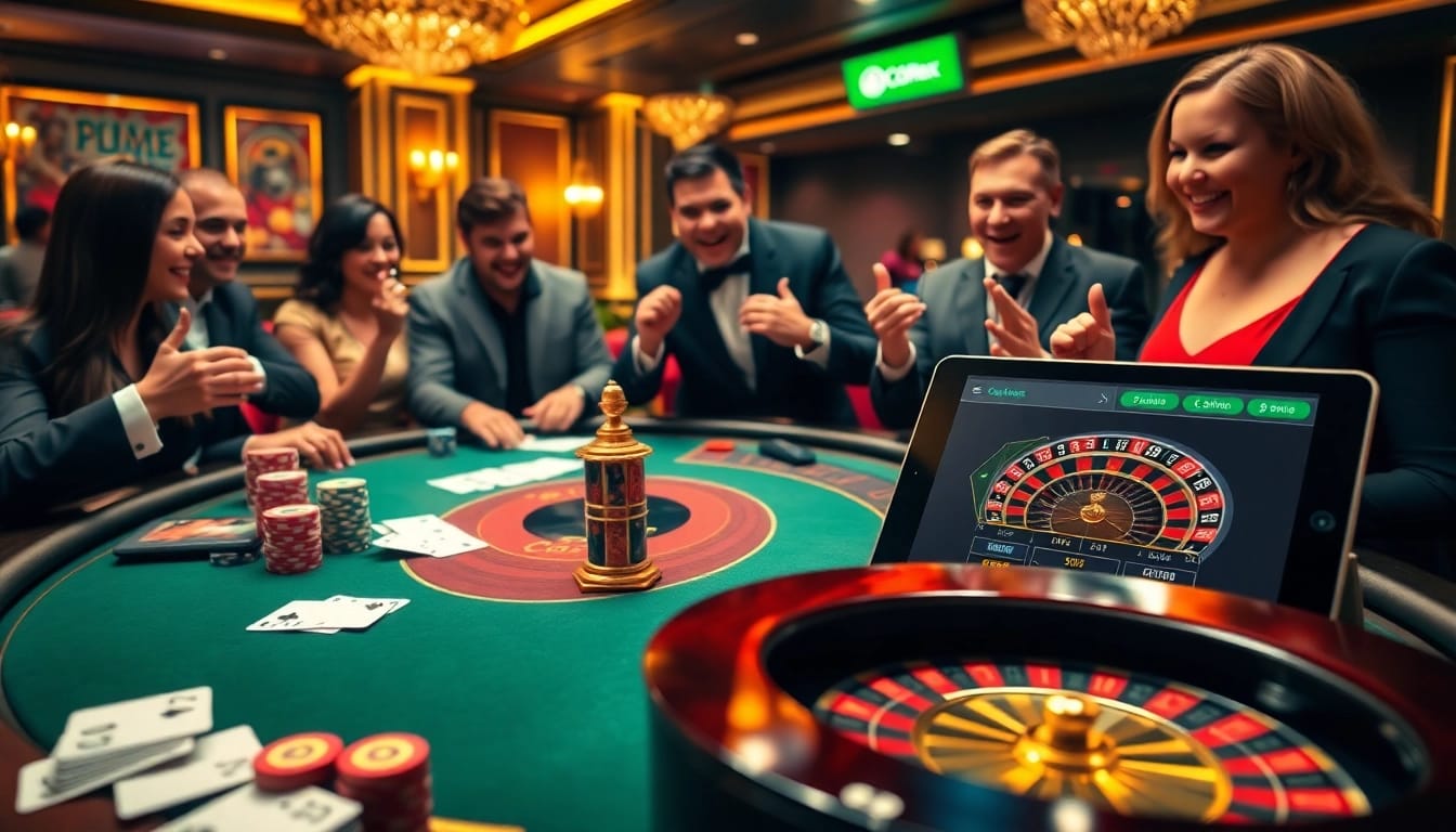 Experience excitement at the GO8 casino with gamblers enjoying a high-stakes poker game featuring vibrant chips and cards.
