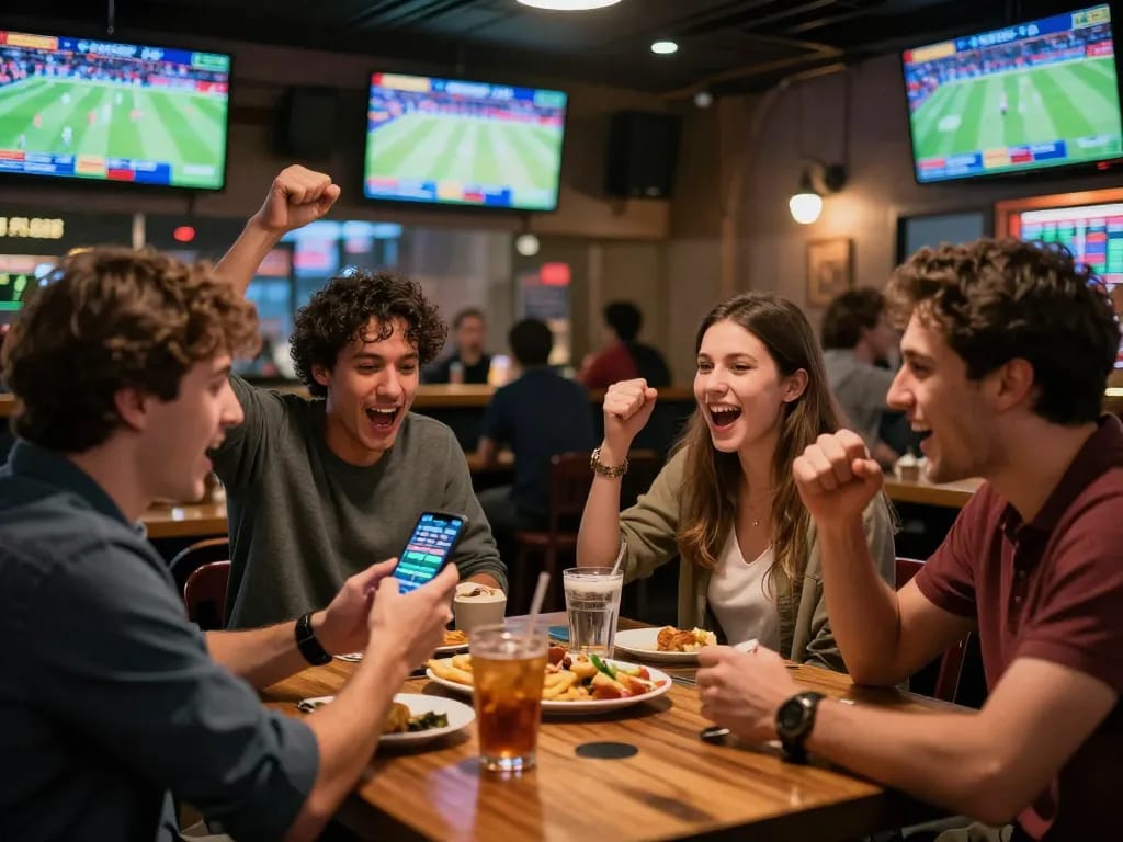 Experience thrilling sports betting excitement with 789WIN in a lively bar atmosphere.