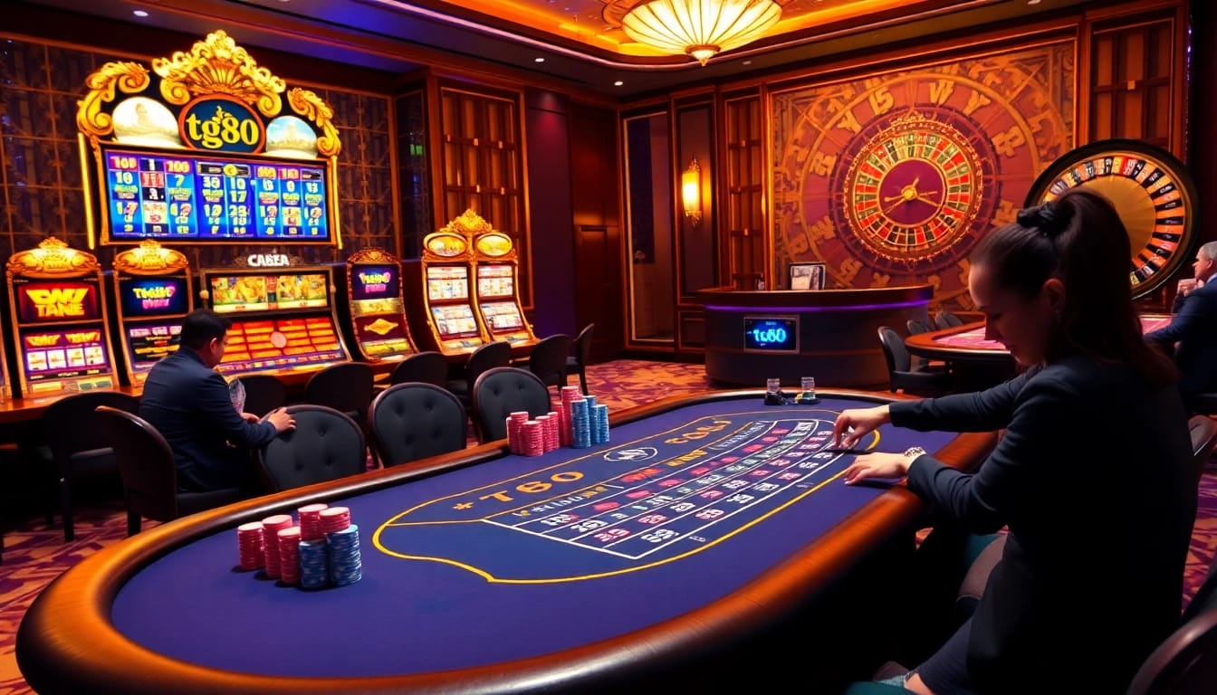Experience the excitement of tg88 at a luxury casino with roulette, blackjack, and vibrant slot machines.