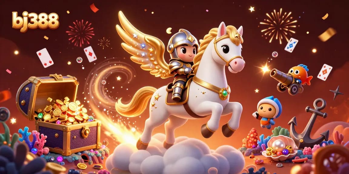 Engage in thrilling games at bj388 with colorful 3D dynamic visuals of an armored knight and celestial horse.