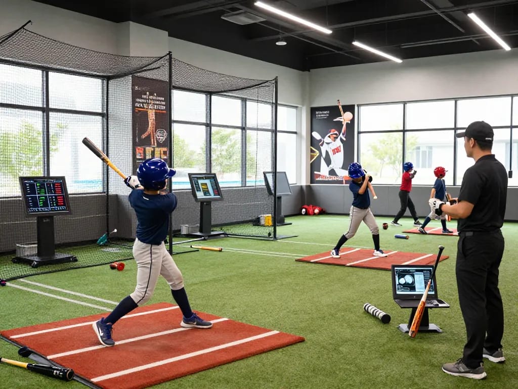 Young athletes engaged in baseball training at Hit Club facilities, showcasing skill development and teamwork.