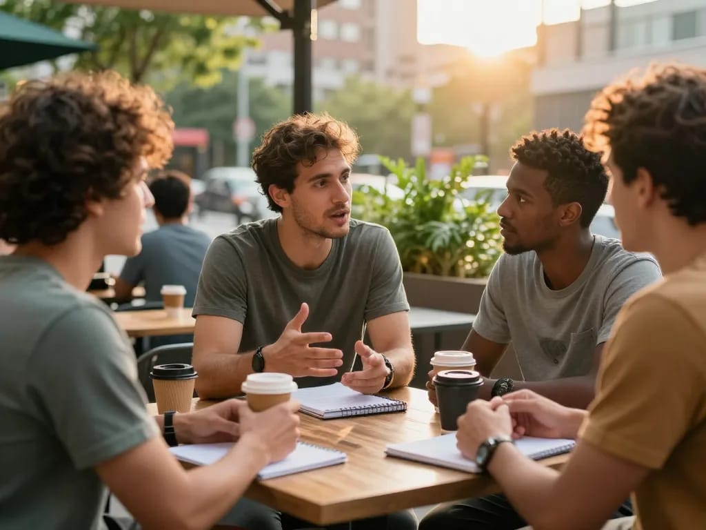 Men discussing mental health and support at an outdoor café, showcasing camaraderie and community through manclub interactions.