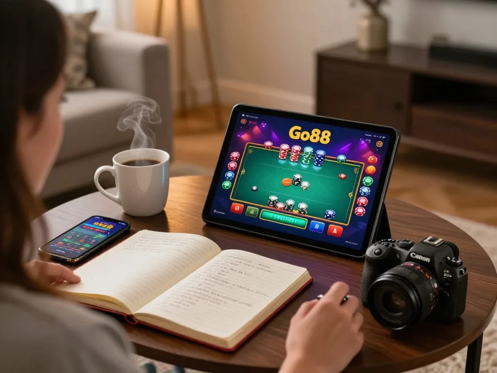 Engaging in online casino gaming on Go88 with a tablet, showcasing a vibrant poker game interface and strategic notes.
