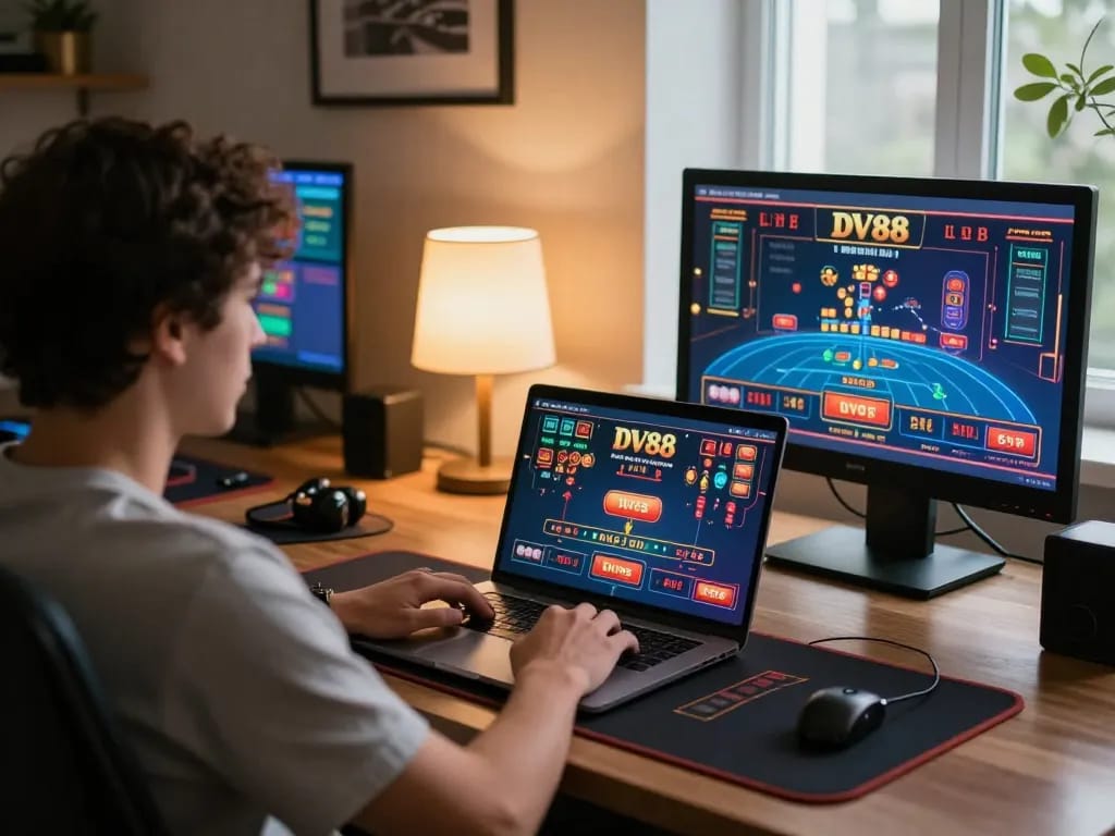 Engaging in DV88 live casino gameplay on a laptop in a warm, stylish home office setting