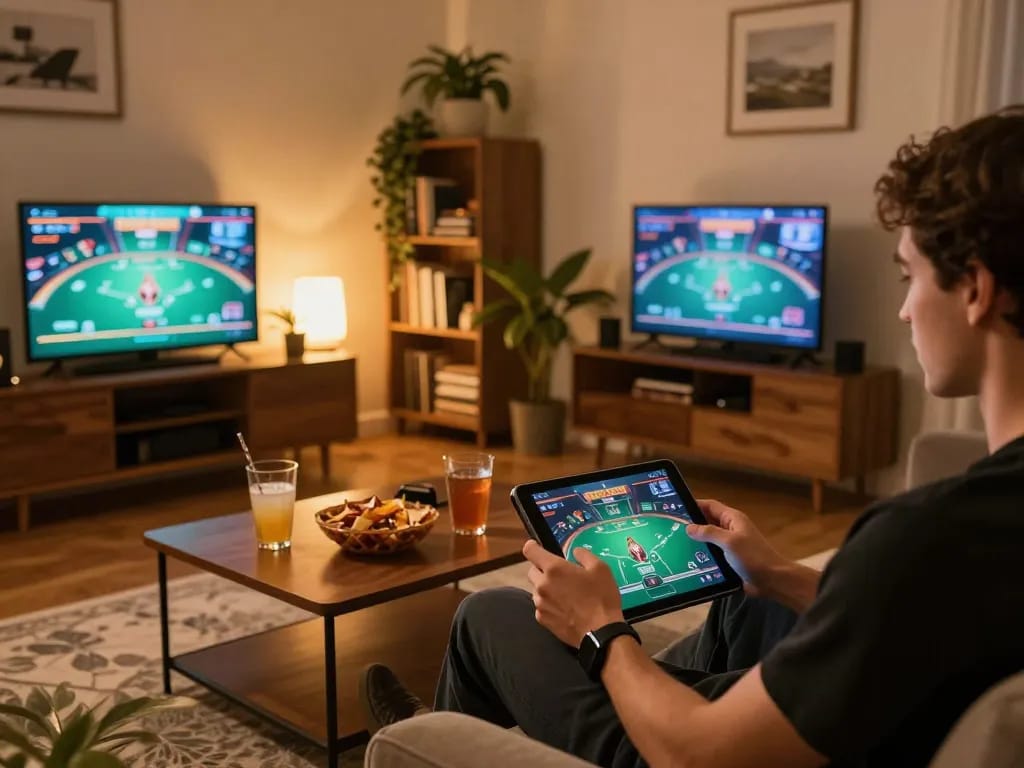 Player engaging with poker game on TG88 casino app in a cozy home setting