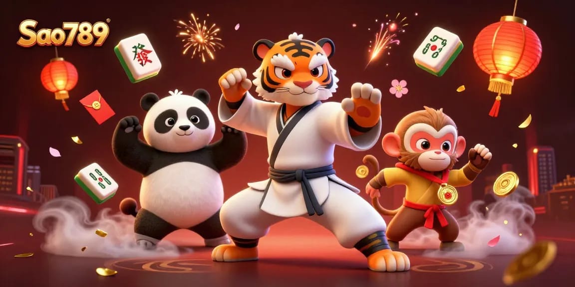 Sao789 reveals vibrant gaming adventures as panda, monkey, and tiger celebrate online wins in a thrilling casino atmosphere.