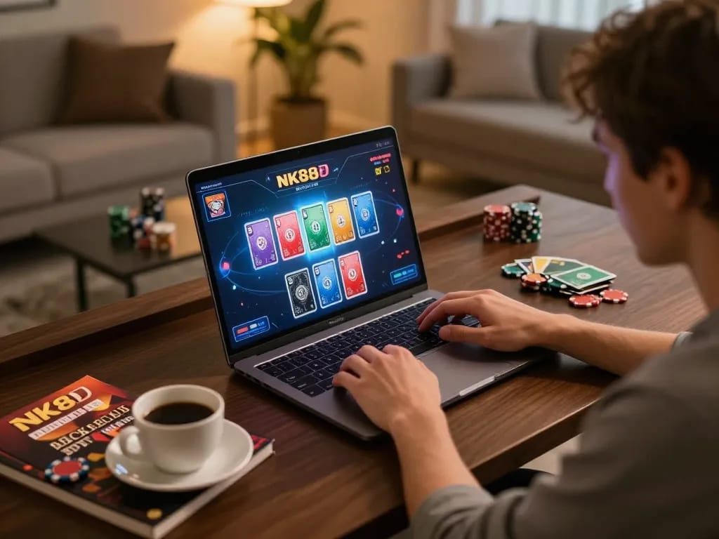 NK88 player engaging in an online poker game, showcasing strategic gameplay in a modern home setting.