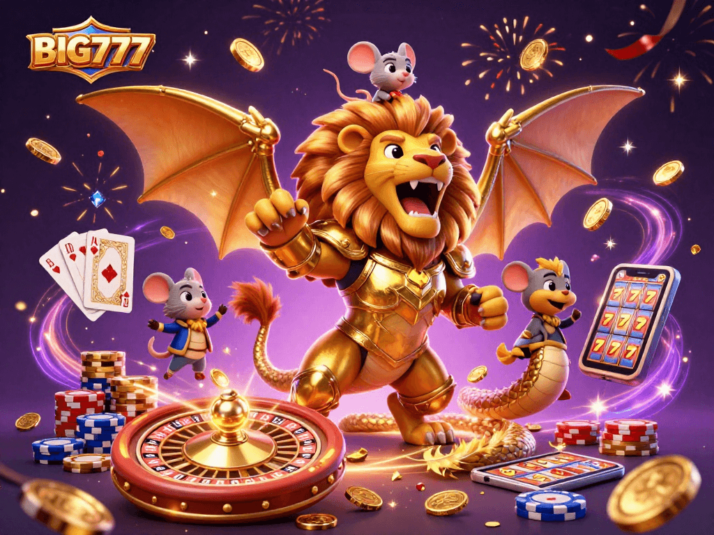Experience the thrilling BIG777 adventure with a roaring chimera, coins, and gemstones celebrating wins.