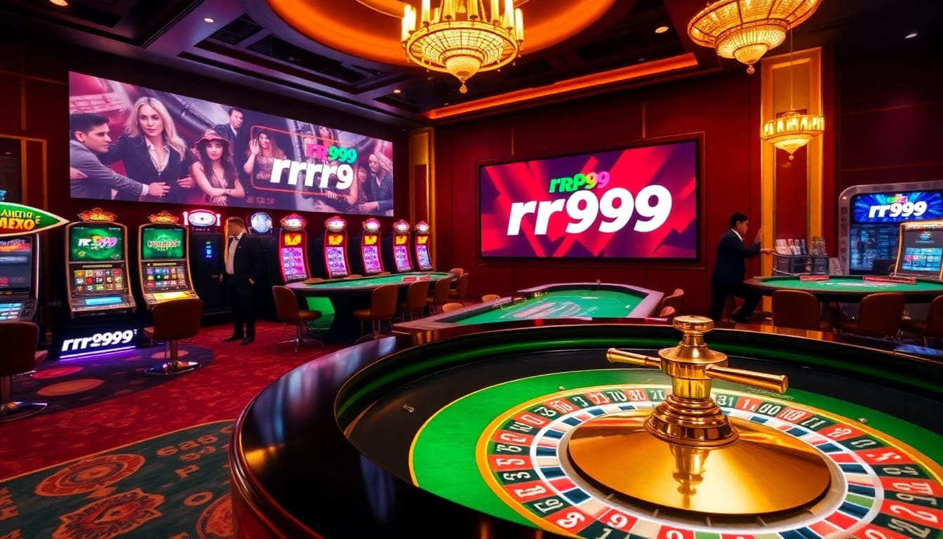 High-energy casino scene showcasing rr99 roulette table and players at a poker game.