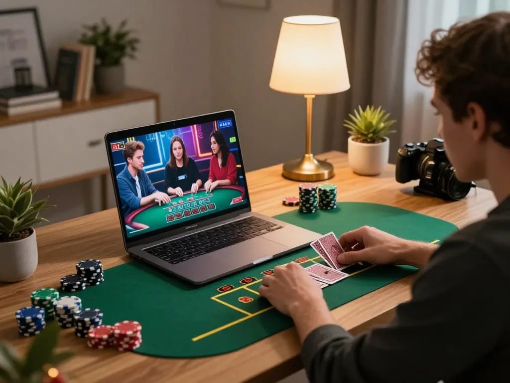 Player enjoying live dealer games on laptop, showcasing tr88 excitement in a cozy home setting