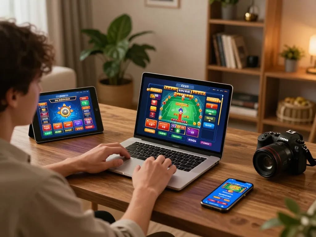Engaged player enjoying Game bài đổi thưởng on multiple devices, highlighting strategic online gambling.