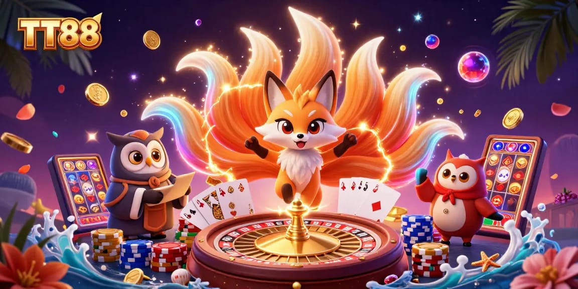 Experience the vibrant TT88 casino atmosphere with a magical nine-tailed fox and wise owl, spinning roulette, and colorful game elements.