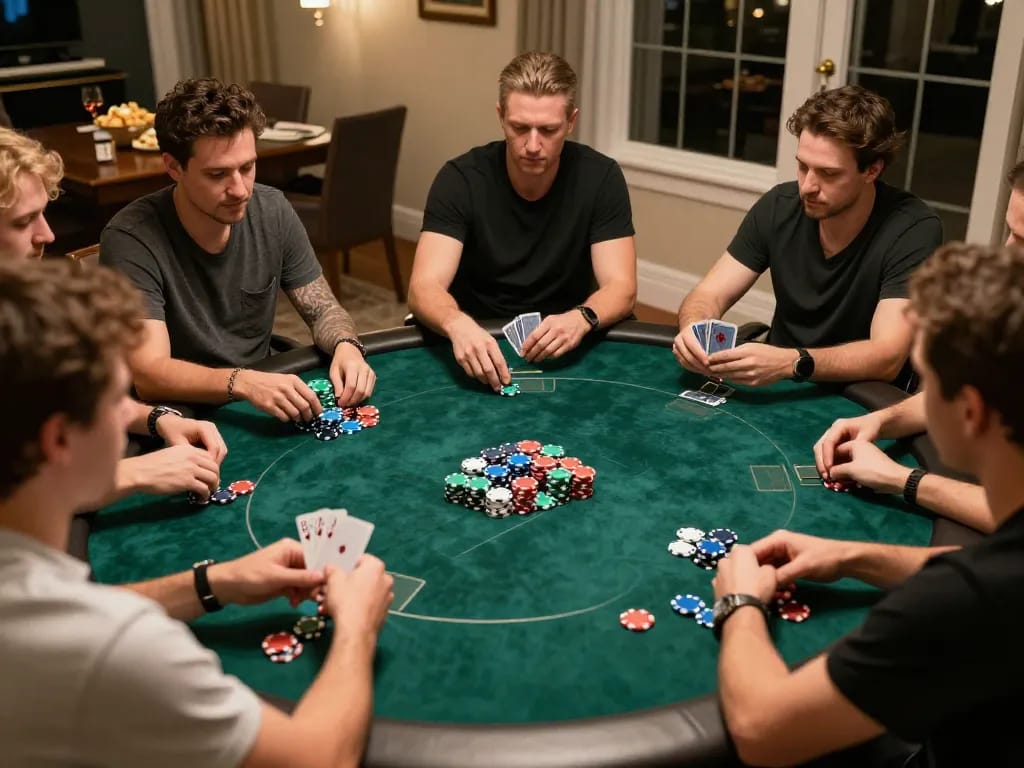 EE88 players strategizing during an intense home poker night with vibrant chips and warm lighting