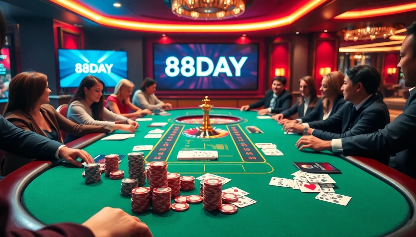 Players engage at a lively poker table showcasing the thrilling 8DAY gambling experience.