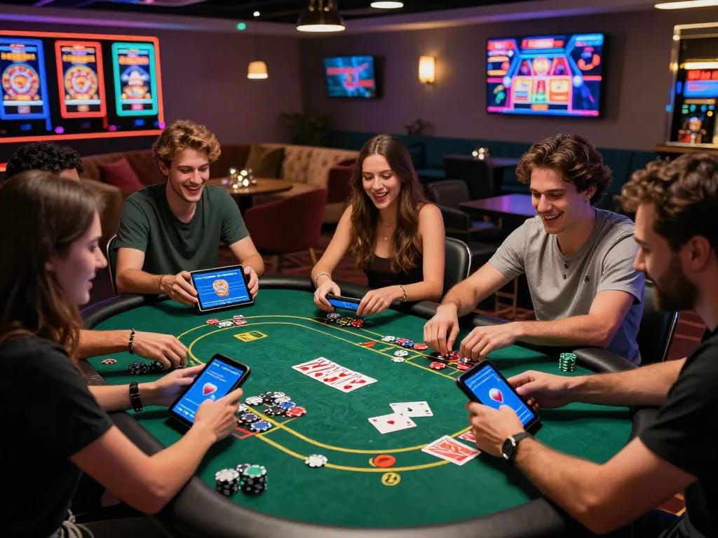 Friends enjoying virtual poker at an online casino, highlighting the energetic social atmosphere of 789club gaming.